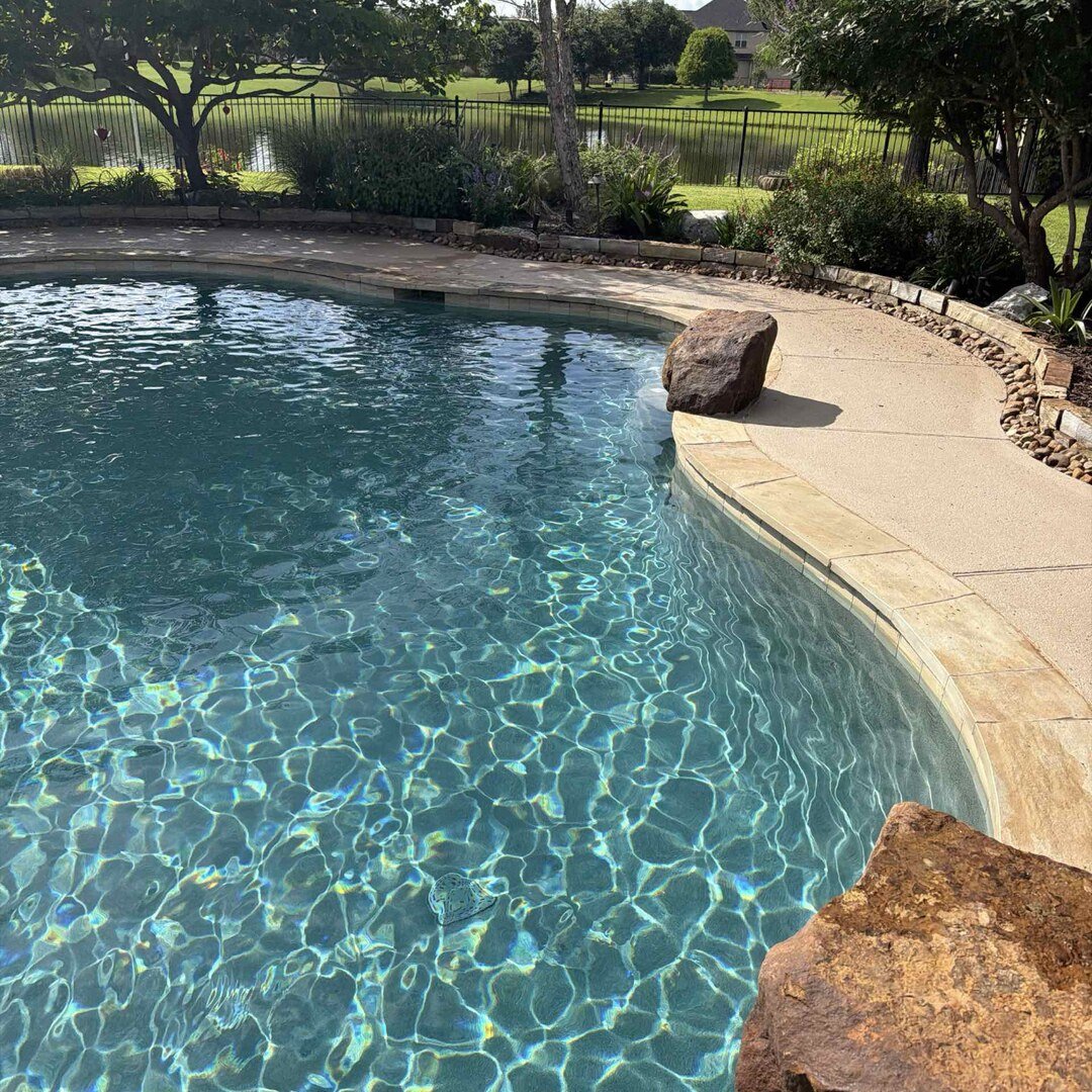 Premium backyard pool with landscaping serviced by Living Water in Cypress, TX